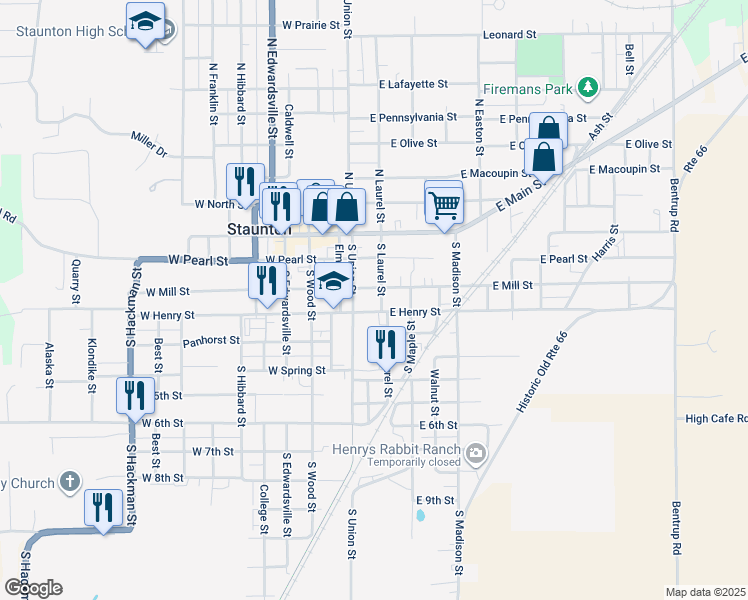 map of restaurants, bars, coffee shops, grocery stores, and more near 222 Elm Street in Staunton