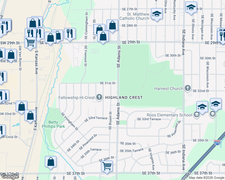 map of restaurants, bars, coffee shops, grocery stores, and more near 3101 Southeast Bryant Street in Topeka