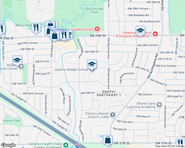 map of restaurants, bars, coffee shops, grocery stores, and more near 2600 SW 33rd St in Topeka