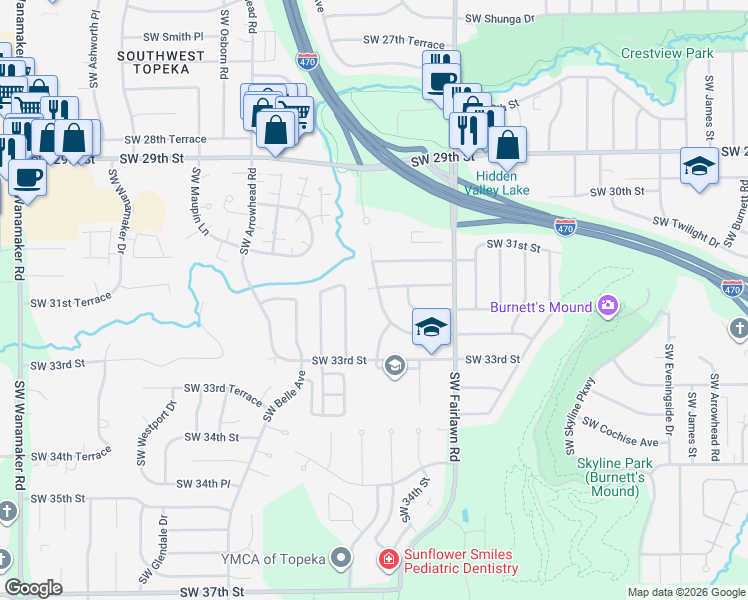 map of restaurants, bars, coffee shops, grocery stores, and more near 5318 Southwest 31st Terrace in Topeka