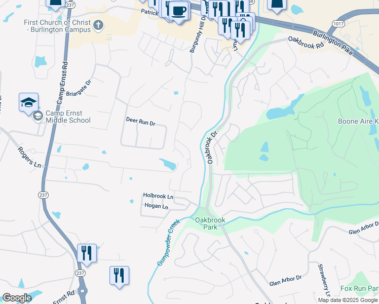 map of restaurants, bars, coffee shops, grocery stores, and more near 4156 Country Mill Ridge in Burlington