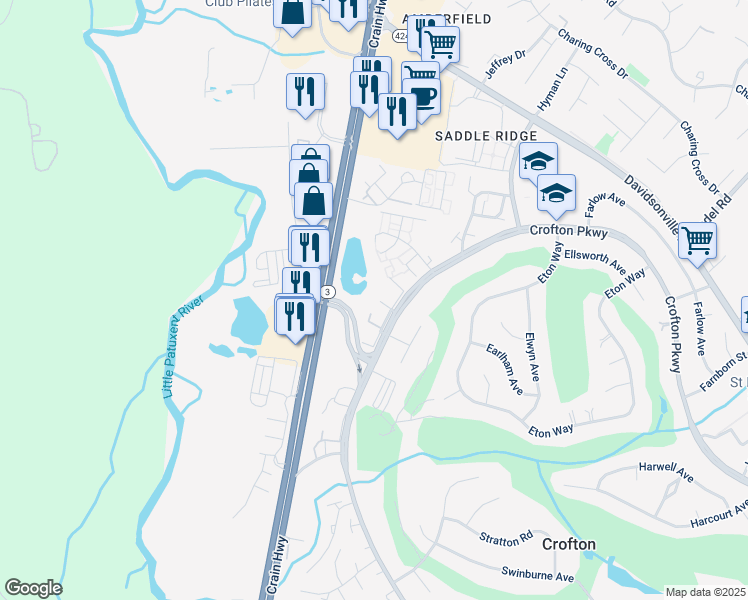 map of restaurants, bars, coffee shops, grocery stores, and more near 1682 Albermarle Drive in Crofton