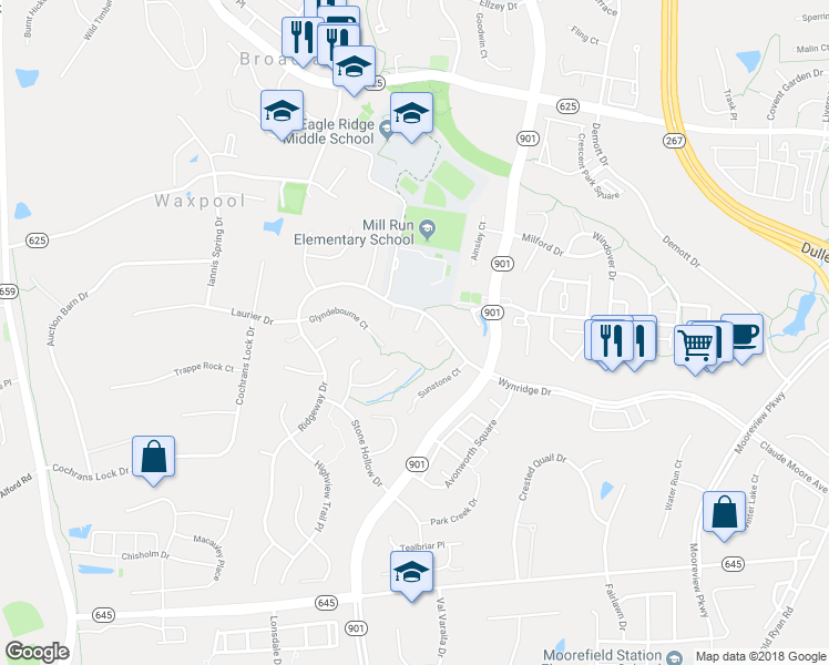 map of restaurants, bars, coffee shops, grocery stores, and more near 21927 Mapleton Court in Ashburn