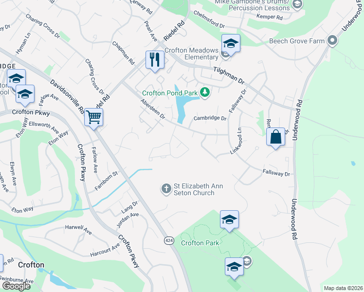 map of restaurants, bars, coffee shops, grocery stores, and more near 1753 Castleford Square in Crofton