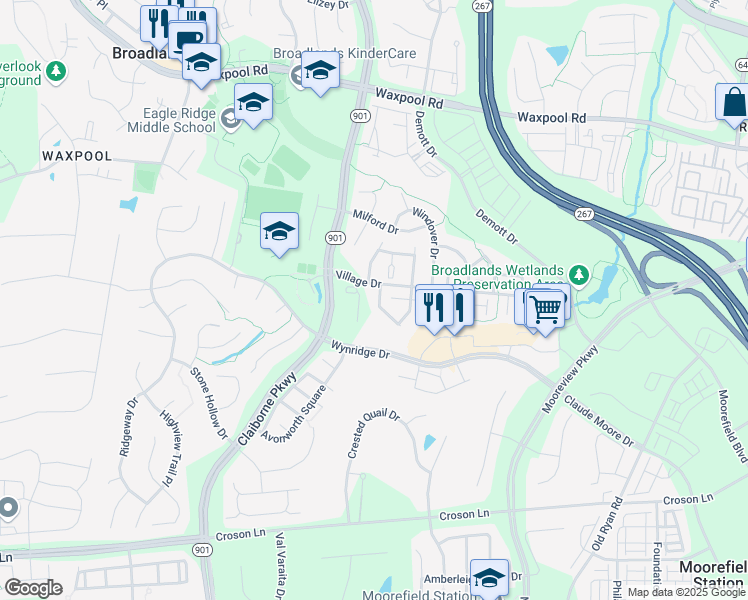 map of restaurants, bars, coffee shops, grocery stores, and more near 21935 Windy Oaks Square in Broadlands