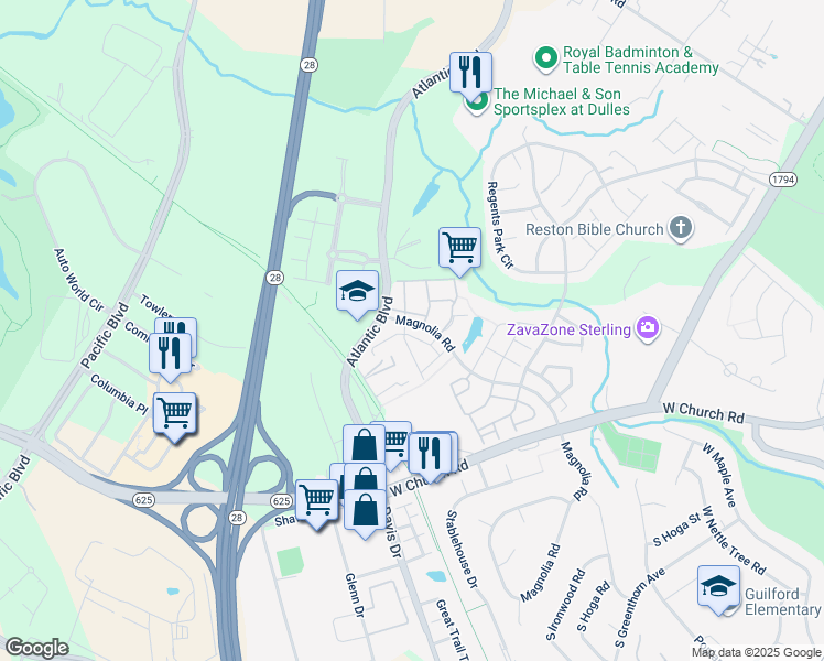 map of restaurants, bars, coffee shops, grocery stores, and more near 45464 Baggett Terrace in Sterling