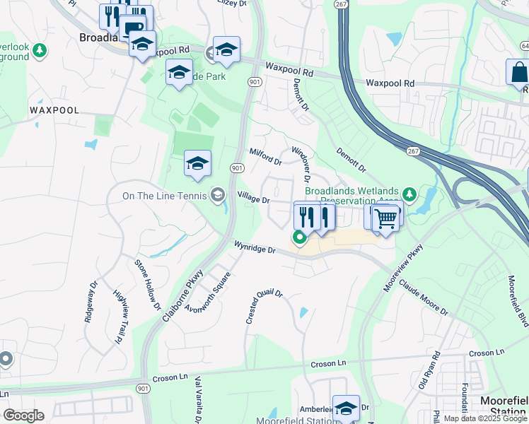 map of restaurants, bars, coffee shops, grocery stores, and more near 21935 Windy Oaks Square in Broadlands