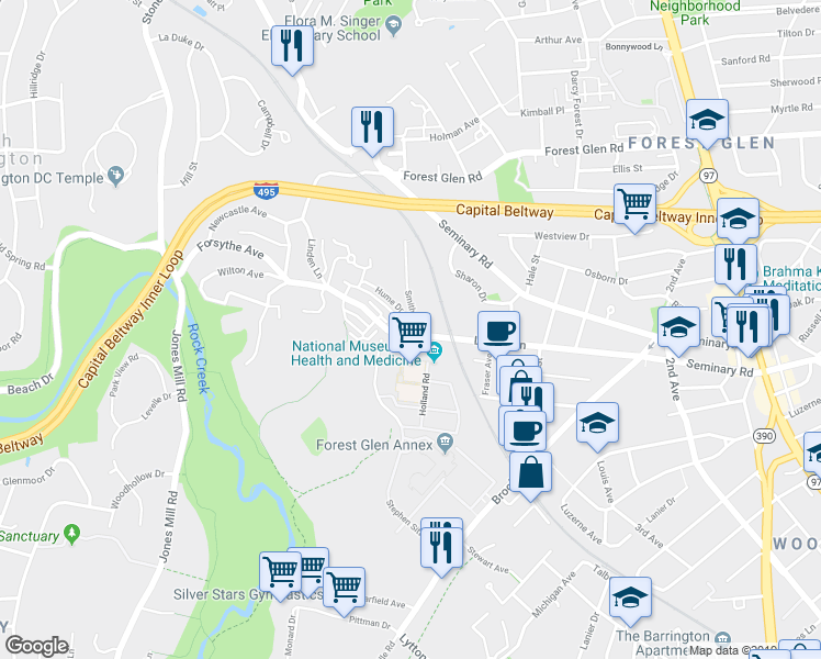 map of restaurants, bars, coffee shops, grocery stores, and more near 2601 Linden Lane in Silver Spring