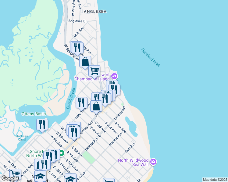 map of restaurants, bars, coffee shops, grocery stores, and more near 101 West Spruce Avenue in North Wildwood