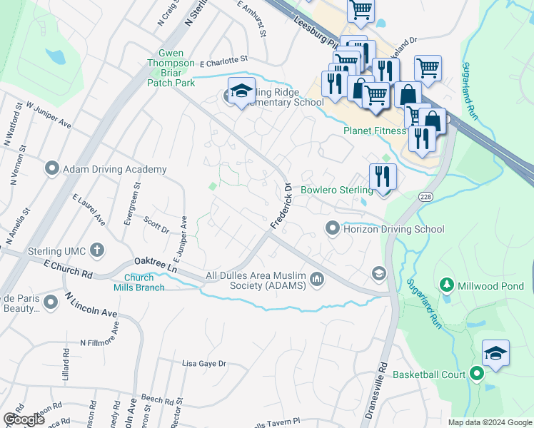 map of restaurants, bars, coffee shops, grocery stores, and more near 46752 Woodmint Terrace in Sterling