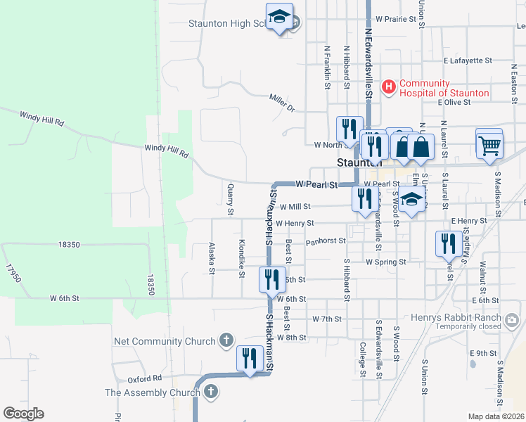 map of restaurants, bars, coffee shops, grocery stores, and more near 1036 West Pearl Street in Staunton