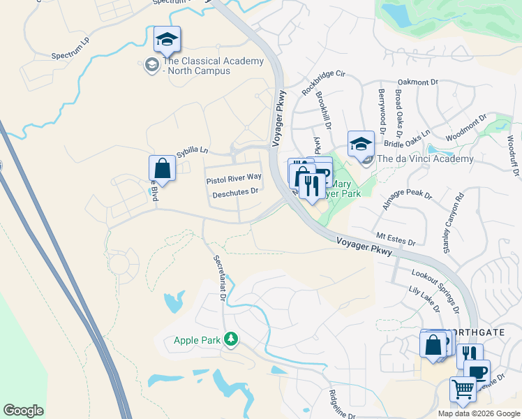 map of restaurants, bars, coffee shops, grocery stores, and more near 12208 Bandon Drive in Colorado Springs