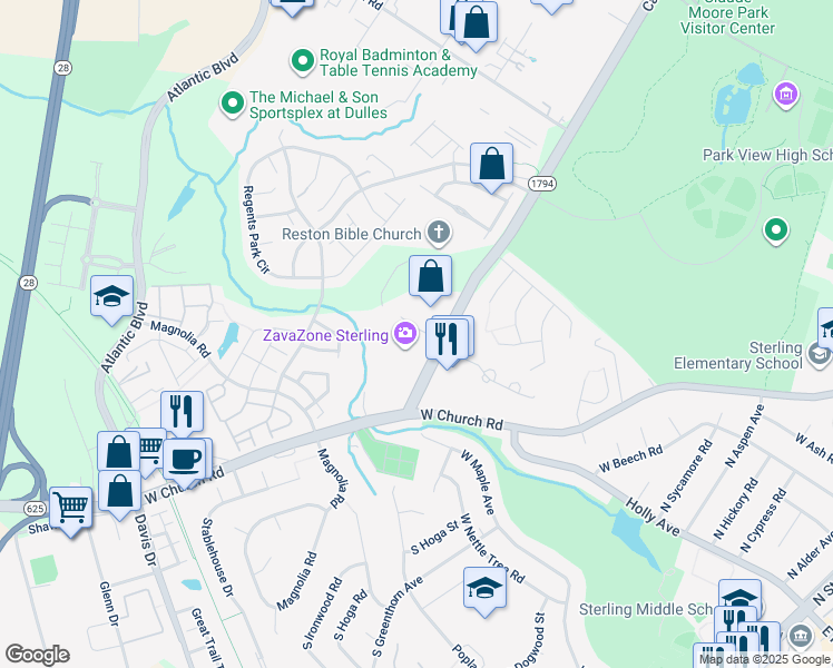 map of restaurants, bars, coffee shops, grocery stores, and more near 45681 Oakbrook Court in Sterling