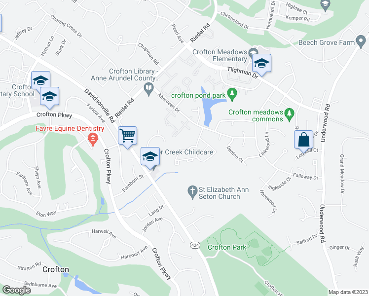 map of restaurants, bars, coffee shops, grocery stores, and more near 1760 Sharwood Place in Crofton