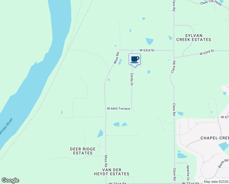 map of restaurants, bars, coffee shops, grocery stores, and more near 6565 Mize Road in Shawnee
