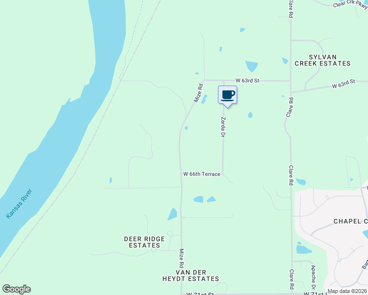 map of restaurants, bars, coffee shops, grocery stores, and more near 6565 Mize Road in Shawnee