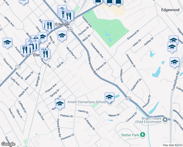 map of restaurants, bars, coffee shops, grocery stores, and more near 3422 Terrace Drive in Erlanger