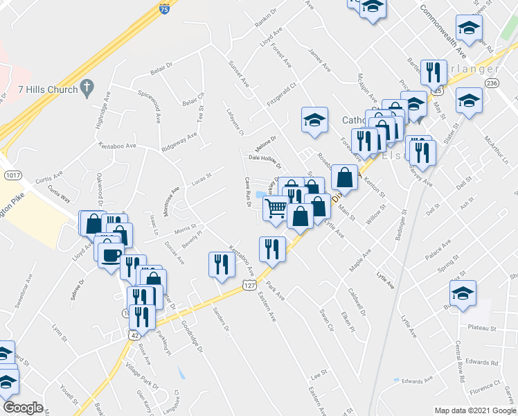 map of restaurants, bars, coffee shops, grocery stores, and more near 120 Buckhorn Court in Erlanger