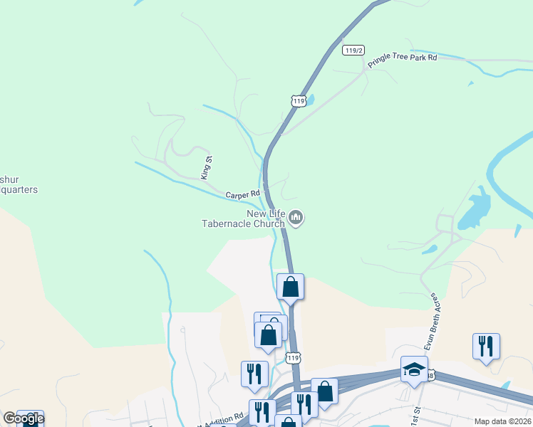 map of restaurants, bars, coffee shops, grocery stores, and more near 39 Carper Road in Buckhannon