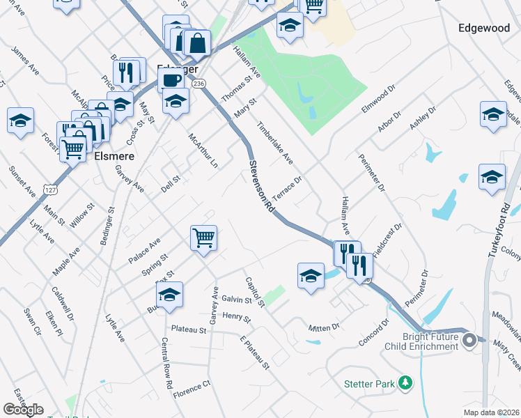 map of restaurants, bars, coffee shops, grocery stores, and more near 3422 Terrace Drive in Erlanger