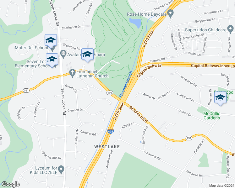 map of restaurants, bars, coffee shops, grocery stores, and more near 7507 Bradley Boulevard in Bethesda