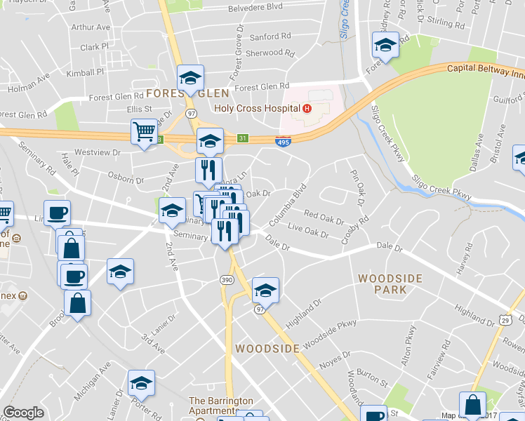 map of restaurants, bars, coffee shops, grocery stores, and more near 9409 Russell Road in Silver Spring
