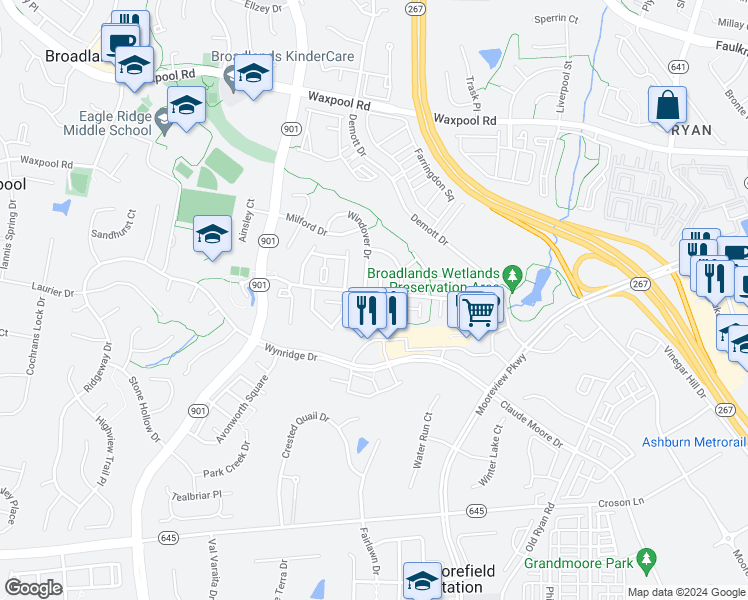 map of restaurants, bars, coffee shops, grocery stores, and more near 21929 Bayard Terrace in Broadlands