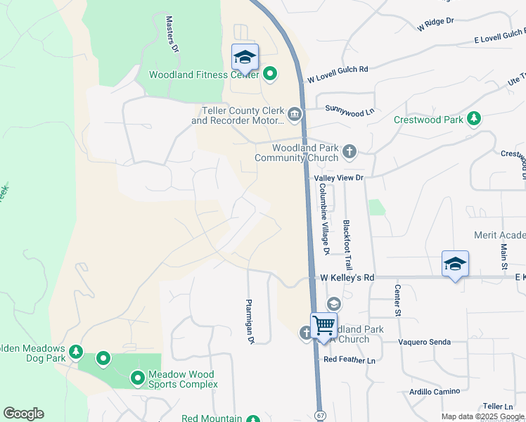 map of restaurants, bars, coffee shops, grocery stores, and more near 1600 Colorado 67 in Woodland Park