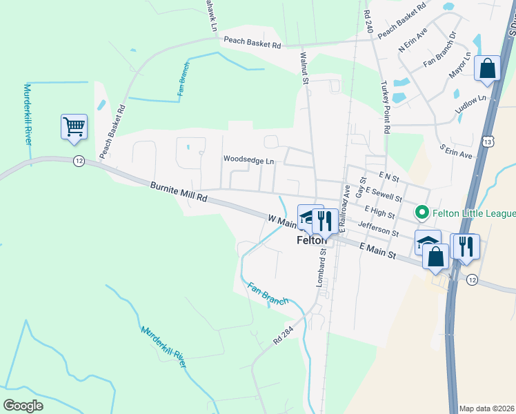 map of restaurants, bars, coffee shops, grocery stores, and more near 424 West High Street in Felton