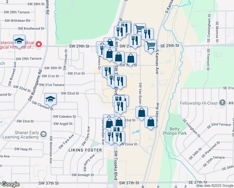 map of restaurants, bars, coffee shops, grocery stores, and more near 3210 Southwest Topeka Boulevard in Topeka