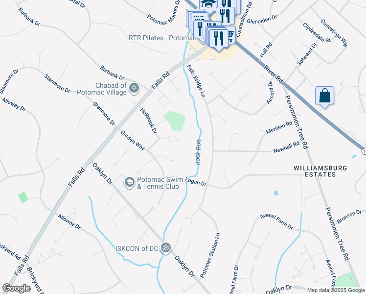 map of restaurants, bars, coffee shops, grocery stores, and more near 9441 Holbrook Lane in Potomac