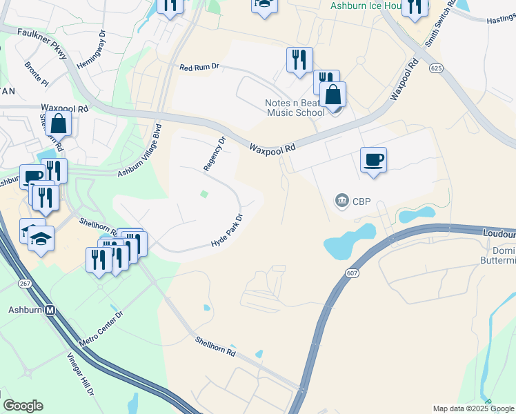 map of restaurants, bars, coffee shops, grocery stores, and more near 43999 Cobham Court in Ashburn