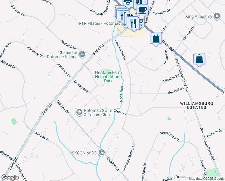 map of restaurants, bars, coffee shops, grocery stores, and more near 9441 Holbrook Lane in Potomac