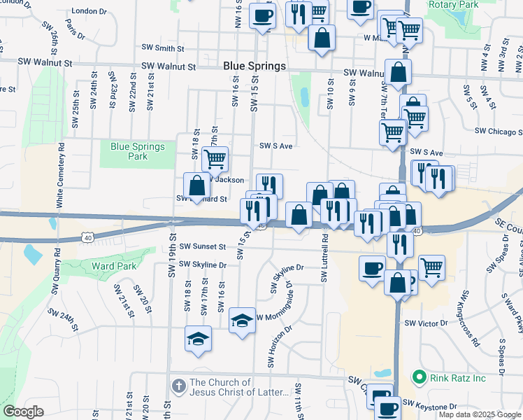 map of restaurants, bars, coffee shops, grocery stores, and more near 1401 U.S. 40 in Blue Springs