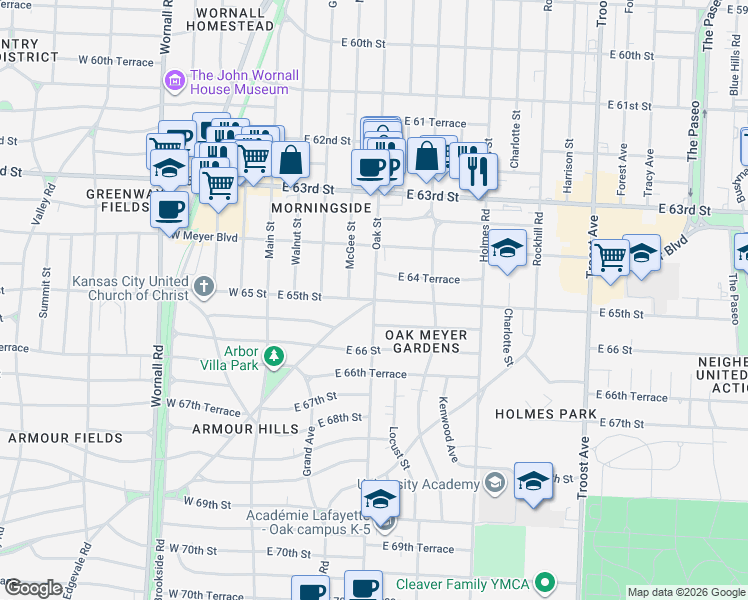 map of restaurants, bars, coffee shops, grocery stores, and more near Oak St & E 65th St in Kansas City
