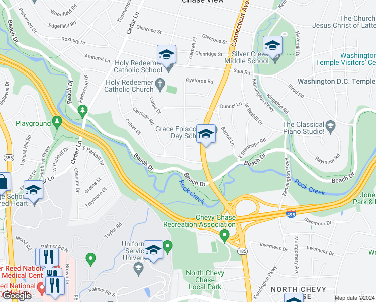 map of restaurants, bars, coffee shops, grocery stores, and more near 4112 Byeforde Court in Kensington