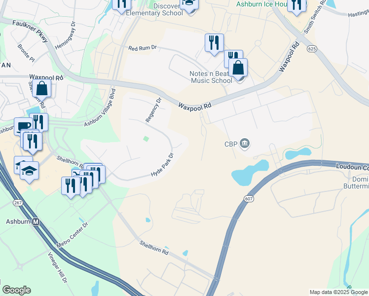 map of restaurants, bars, coffee shops, grocery stores, and more near 43999 Cobham Court in Ashburn