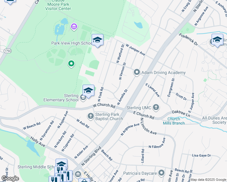 map of restaurants, bars, coffee shops, grocery stores, and more near 701 North Vernon Street in Sterling