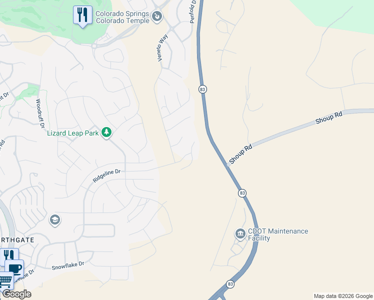 map of restaurants, bars, coffee shops, grocery stores, and more near 12939-13003 Highway 83 in Colorado Springs