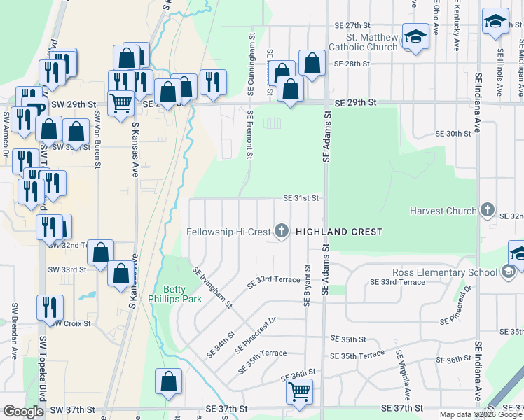 map of restaurants, bars, coffee shops, grocery stores, and more near 3104 Southeast Emerson Street in Topeka