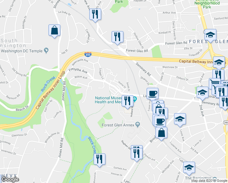 map of restaurants, bars, coffee shops, grocery stores, and more near 9525 Ament Street in Silver Spring