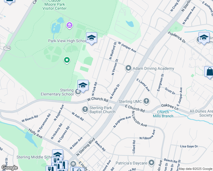 map of restaurants, bars, coffee shops, grocery stores, and more near 701 North Vernon Street in Sterling