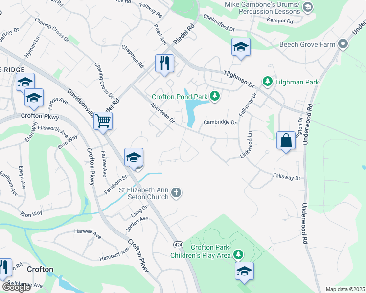 map of restaurants, bars, coffee shops, grocery stores, and more near 1715 Foxdale Court in Crofton