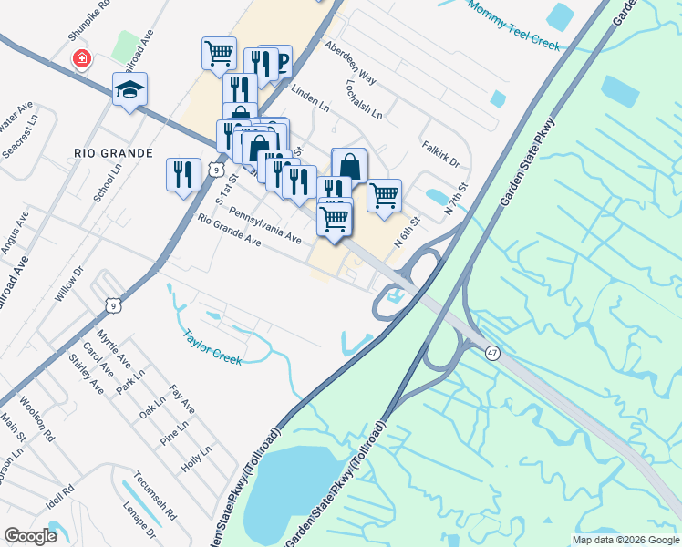 map of restaurants, bars, coffee shops, grocery stores, and more near 408 Rio Grande Avenue in Cape May County