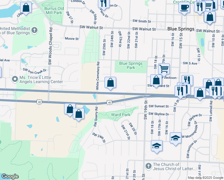 map of restaurants, bars, coffee shops, grocery stores, and more near 2309 U.S. 40 in Blue Springs