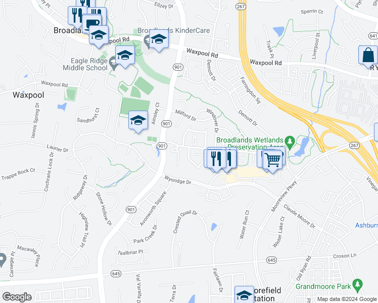 map of restaurants, bars, coffee shops, grocery stores, and more near 21927 Windy Oaks Square in Ashburn