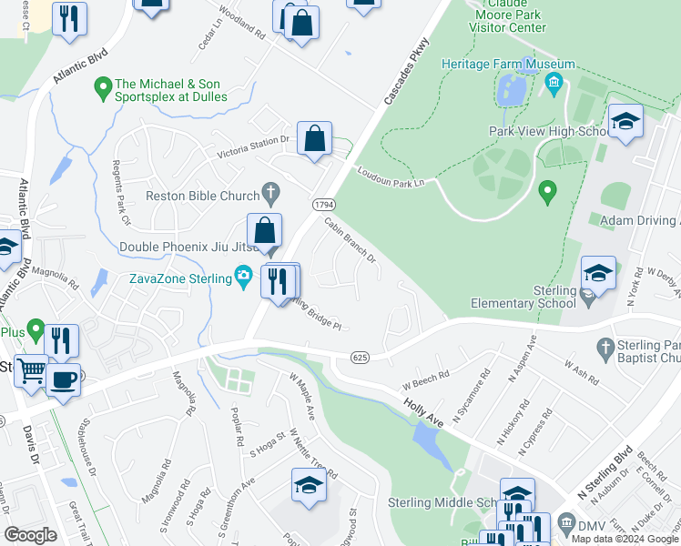 map of restaurants, bars, coffee shops, grocery stores, and more near 21104 Midday Lane in Sterling