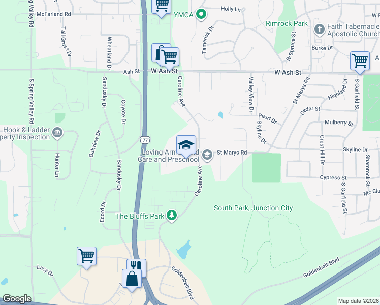 map of restaurants, bars, coffee shops, grocery stores, and more near 1625 Saint Marys Road in Junction City