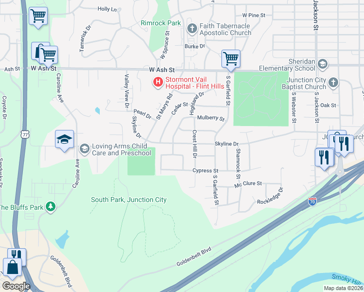 map of restaurants, bars, coffee shops, grocery stores, and more near 1100-1198 Skyline Drive in Junction City