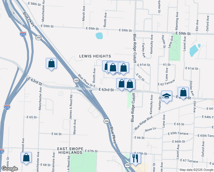 map of restaurants, bars, coffee shops, grocery stores, and more near 8686 East 63rd Street in Kansas City